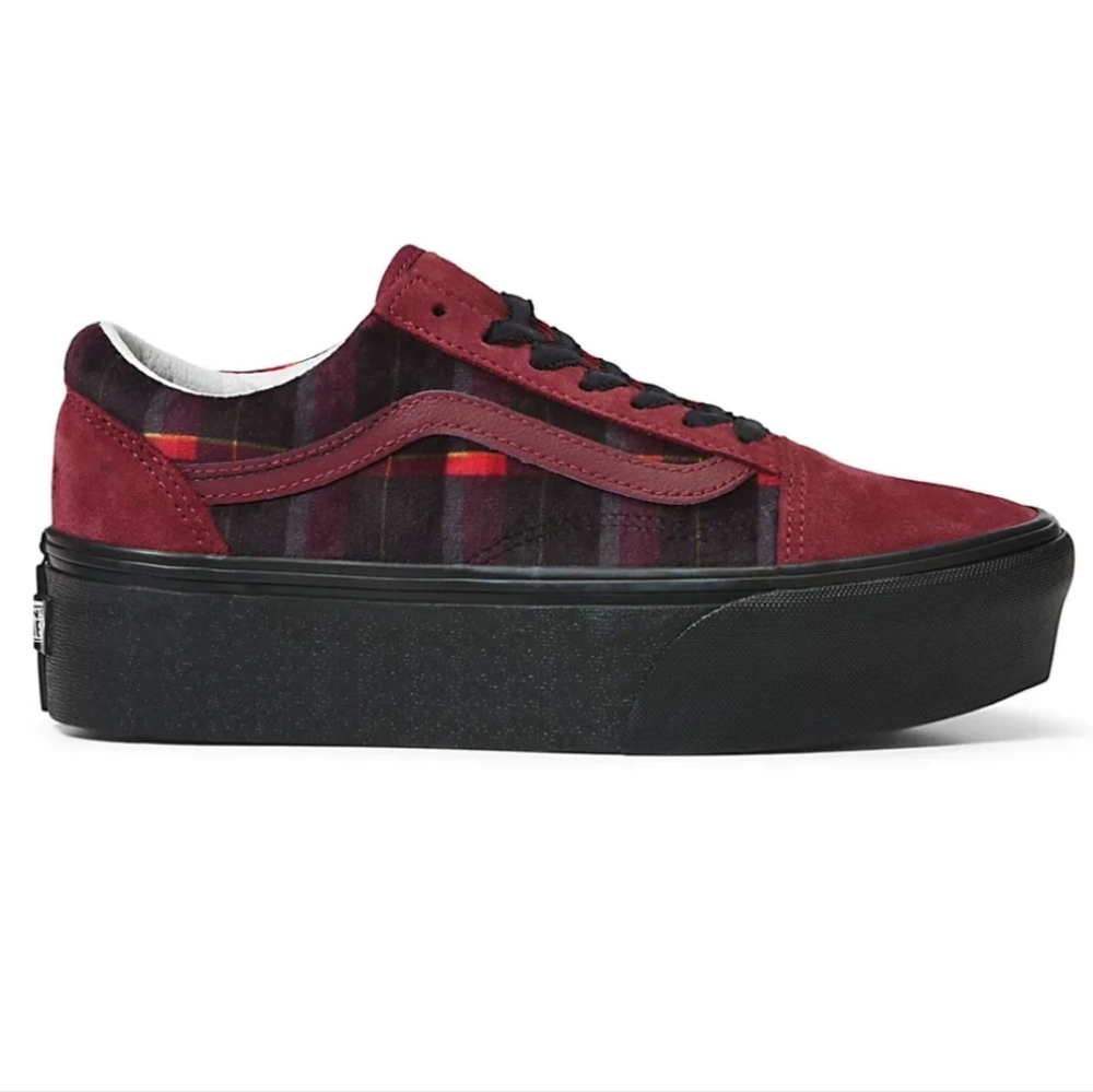 NWT Vans Old Skool Stackform Velvet Plaid Port Red Plaid Platform Sneakers - 9 - Picture 5 of 10